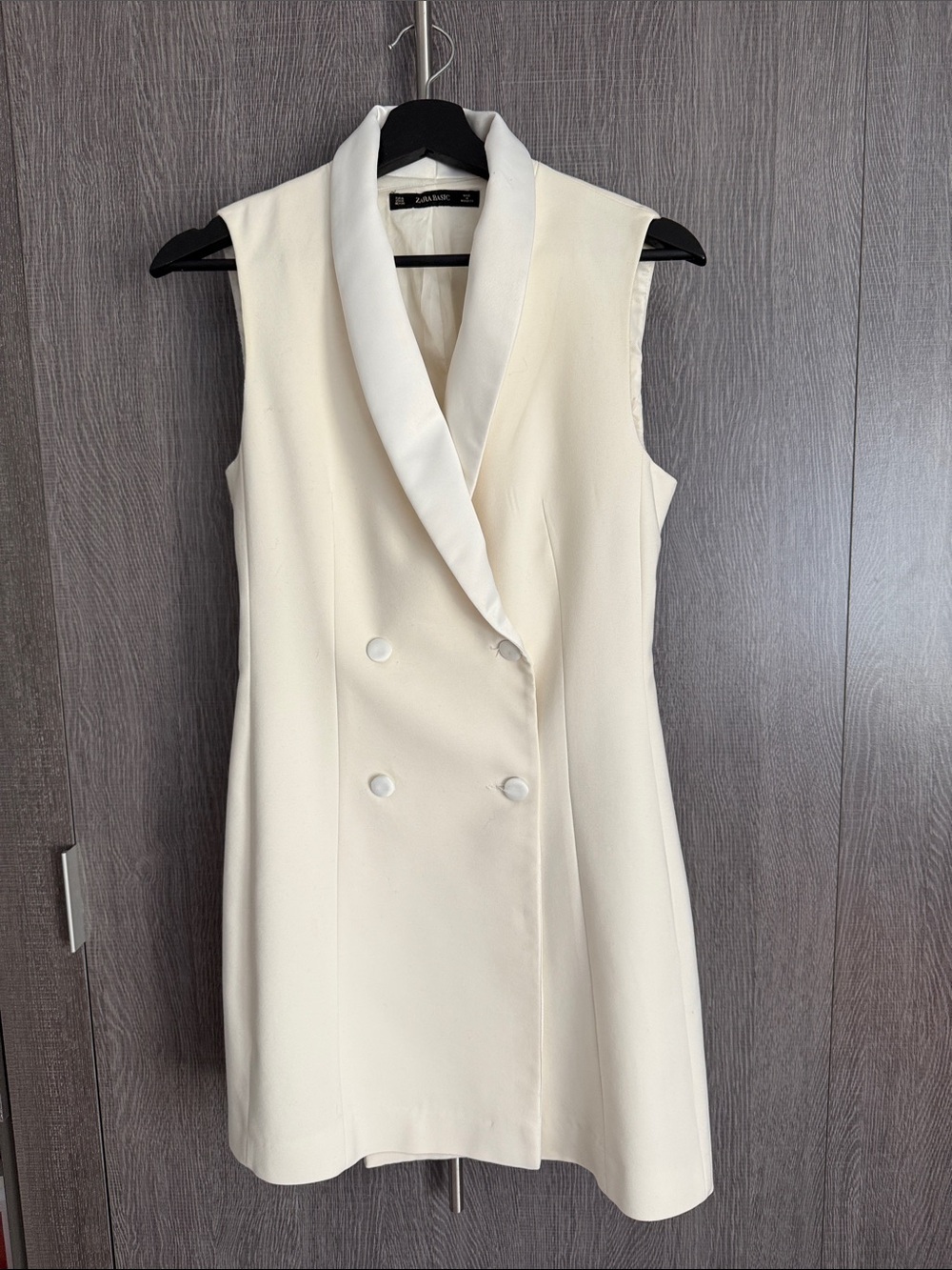 Zara Cream Sleeveless Double-Breasted Dress with Shawl Collar